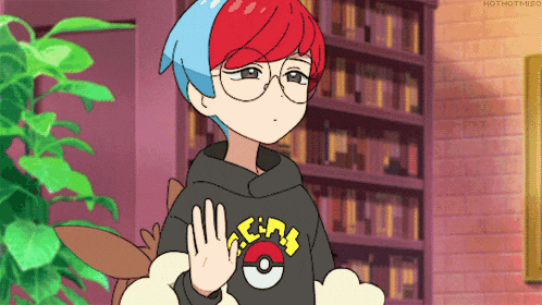 a girl with red hair and glasses wearing a pokemon hoodie