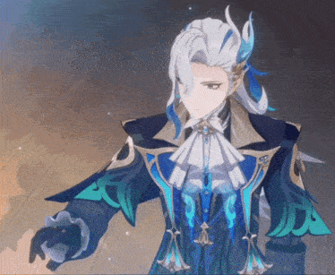 a man with white hair and blue feathers is wearing a blue and gold outfit