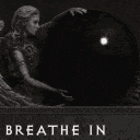 a black and white photo of a woman holding a sphere with the words breathe out written on it .