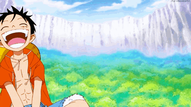 monkey d luffy from one piece is sitting in front of a waterfall laughing