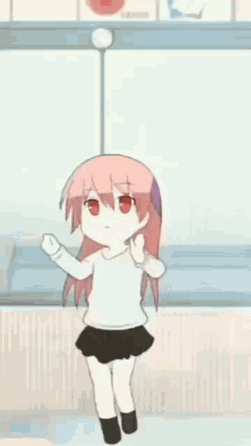 a little girl with pink hair and red eyes is dancing in a bathroom .