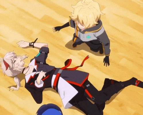 two anime characters are laying on the floor and one has the letter g on his belt