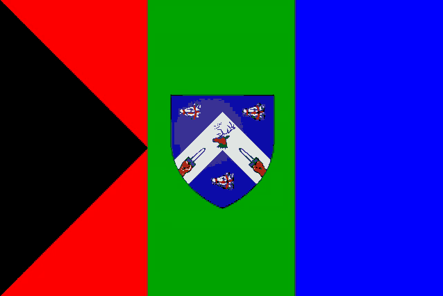a green red and blue flag with a coat of arms