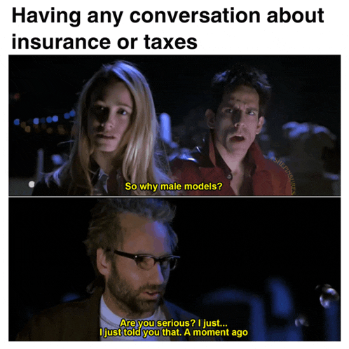 a man and a woman are talking about insurance or taxes
