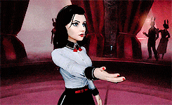 a woman in a white shirt and black skirt is standing in a room with red curtains