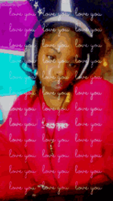 a girl wearing headphones and a red shirt is surrounded by words that say love you