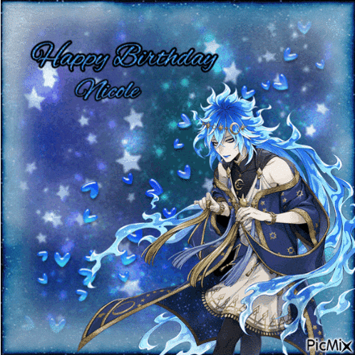 a happy birthday nicole card with a blue haired anime character