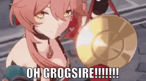 a girl with red hair is holding a gold object and says `` oh grogsire !!! '' .