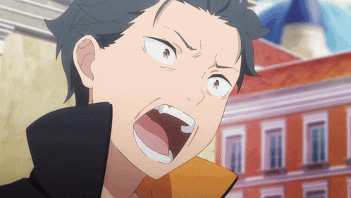 a close up of a man with his mouth open in front of a building