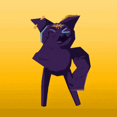 a cartoon drawing of a purple monster with a yellow background