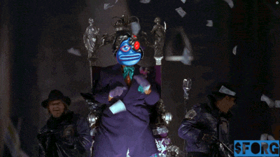 a man in a purple suit is sitting on a throne in front of a sign that says $forg on it