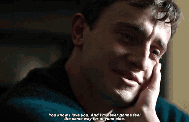 a close up of a man 's face with the words " you know i love you " on the bottom