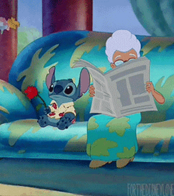 a cartoon of a woman reading a newspaper with stitch holding a rose