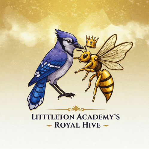 a logo for littleton academy 's royal hive shows a blue jay and a bee
