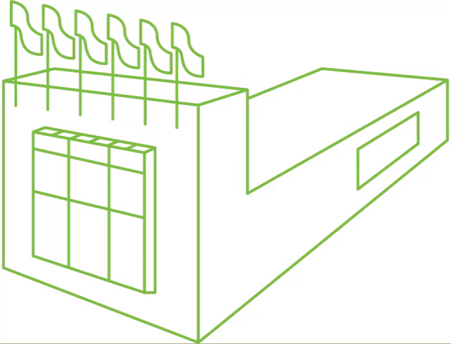 a purple line drawing of a building with flags on top of it