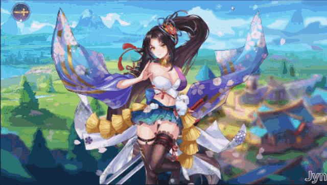 a girl in a kimono with the name jyn on the bottom right