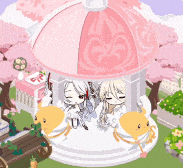 a girl in a white dress is sitting under a pink dome with a heart on it