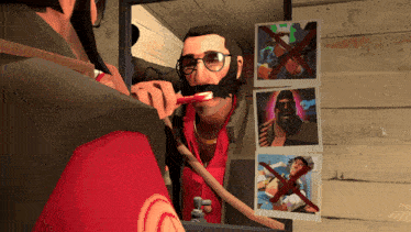 a man brushing his teeth in front of a mirror