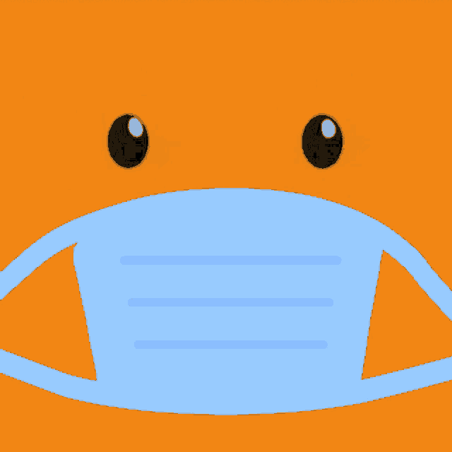 a cartoon face wearing a blue face mask