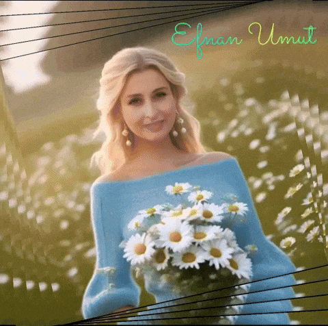 a woman in a blue dress is holding a bouquet of daisies and the name elfan umut is on the bottom