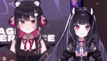 two anime girls are standing next to each other in front of a screen .