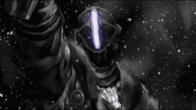 a black and white drawing of a person with a purple light on their head