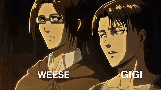 two anime characters are standing next to each other and weese and gigi are written on the bottom