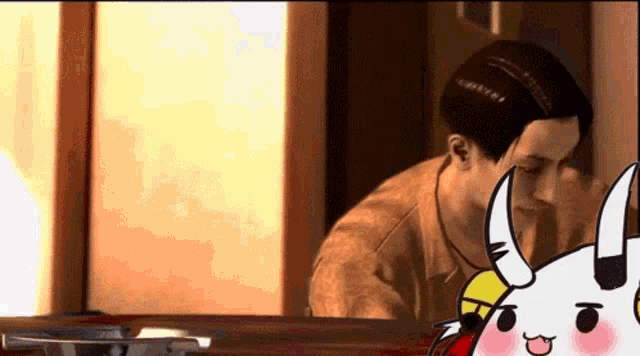 a cartoon character with horns is standing next to a man looking out a window .