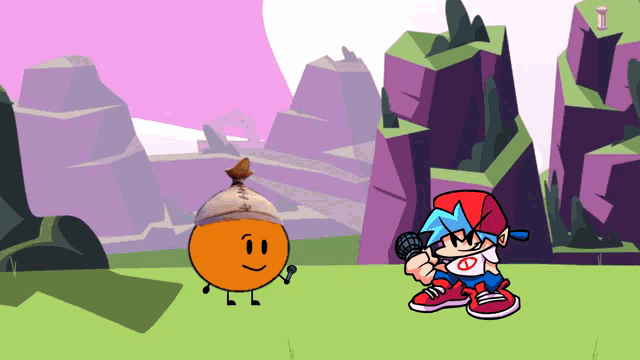 a cartoon character holding a microphone standing next to an orange circle