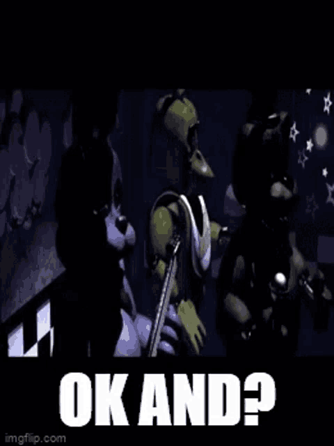 a group of five nights at freddy 's characters standing next to each other with the words `` ok and ? '' .