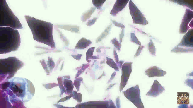 a cartoon character is surrounded by a purple and white background .
