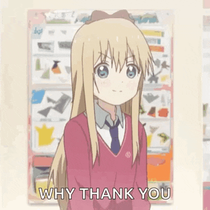 a blonde anime girl in a pink sweater and tie is standing in front of a wall and saying `` why thank you '' .