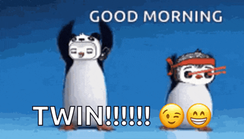 two penguins are standing next to each other with the words good morning twin written on the bottom