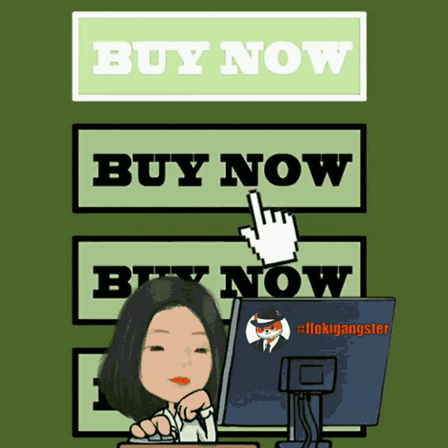 a woman sitting in front of a computer with a buy now button