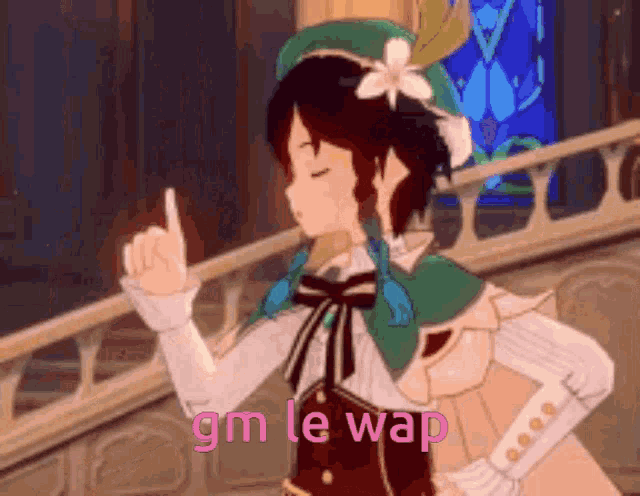 a cartoon girl with a flower in her hair is standing next to a railing and giving a thumbs up sign .