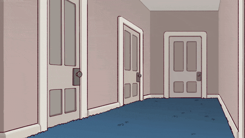 a cartoon drawing of a hallway with a blue carpet and three doors
