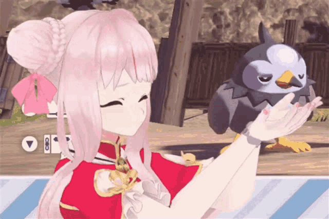 a girl in a red dress is holding a small bird