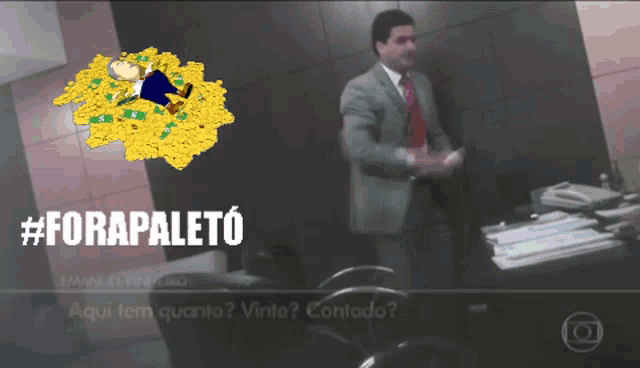 a man in a suit and tie stands in front of a pile of money with the hashtag #forapaleto on the bottom