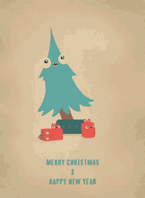 a merry christmas and happy new year card with a christmas tree and presents