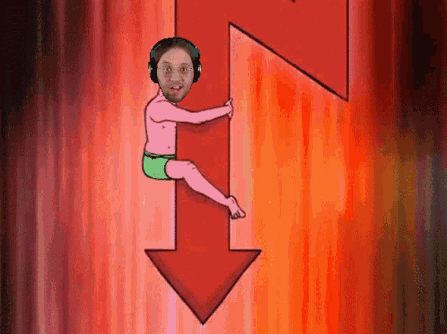 a cartoon of a man sitting on a red arrow