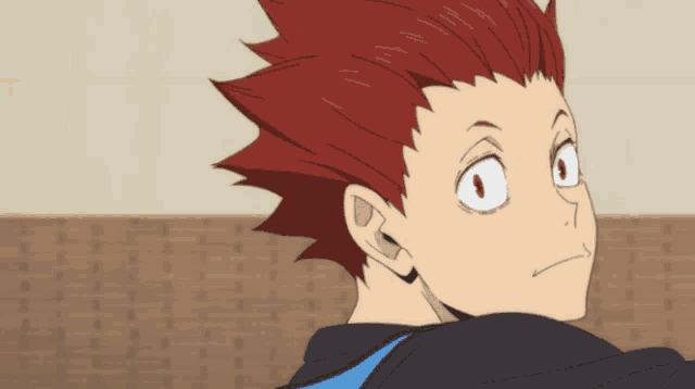 a close up of a cartoon character with red hair and white eyes