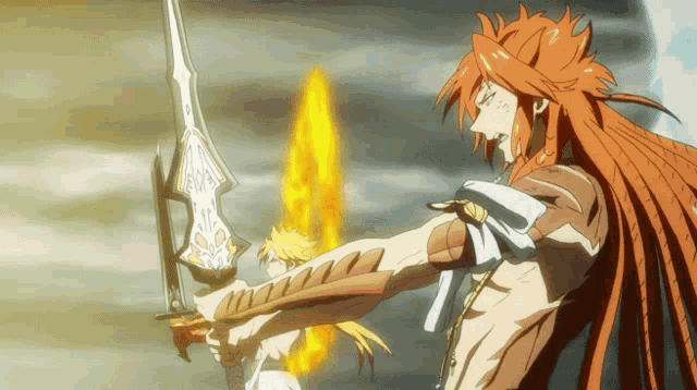a man with long red hair is holding a sword in his right hand