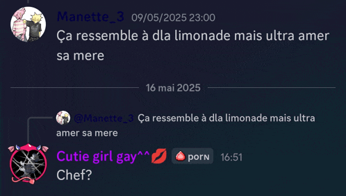 a screenshot of a conversation between manette and cutie girl gay