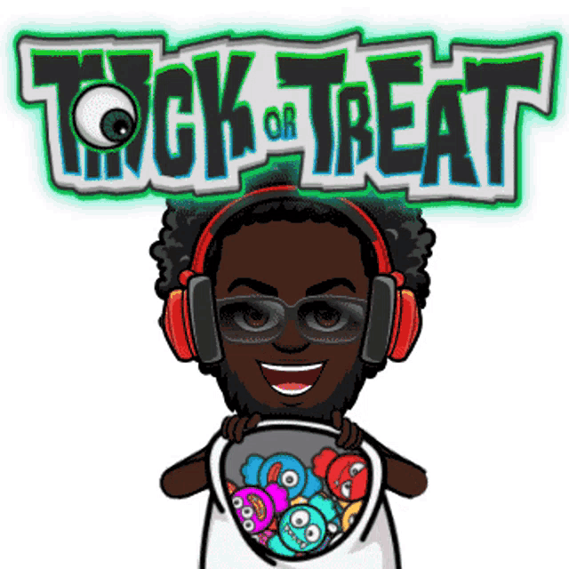 a man wearing headphones and glasses is holding a bucket of candy under the words trick or treat