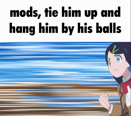 a cartoon of a girl with the words " mods tie him up and hang him by his balls "
