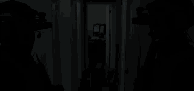 a silhouette of a person standing in a dark room in a doorway .
