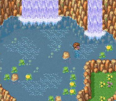 a pixel art drawing of a waterfall with frogs and flowers