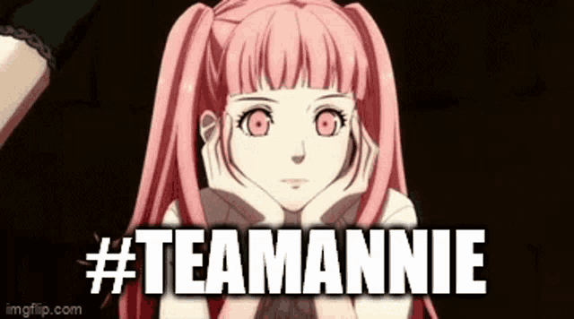 a close up of a girl with pink hair and the words `` teamannie '' .