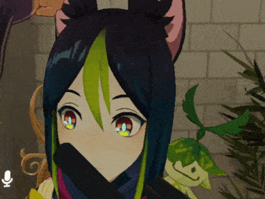a close up of a video game character with a microphone in the background