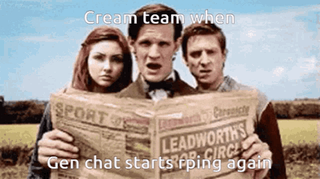 a group of people holding a newspaper that says leadworth 's